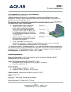 Product specification sheet showing diagram of AQUIS' CPR-1 system for cleaning installation surfaces
