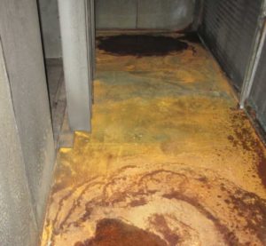 Rusted and corroded air handler with standing water and biological growth