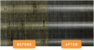 Before and after comparison of AQUIS coil restoration and coil cleaning after biofilm elimination
