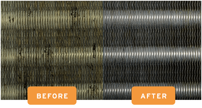 Before and after comparison of AQUIS coil restoration and coil cleaning after biofilm elimination