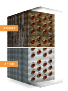 Before and after depiction of HVAC coil cleaning and coil restoration