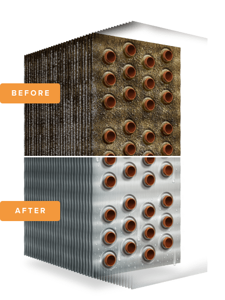 Before and after depiction of HVAC coil cleaning and coil restoration