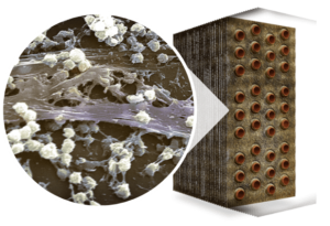 Inset image of the inside of HVAC coils showing biofilm spores before coil cleaning and coil restoration