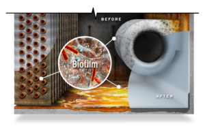 Depiction of biofilm before and after on air handling unit